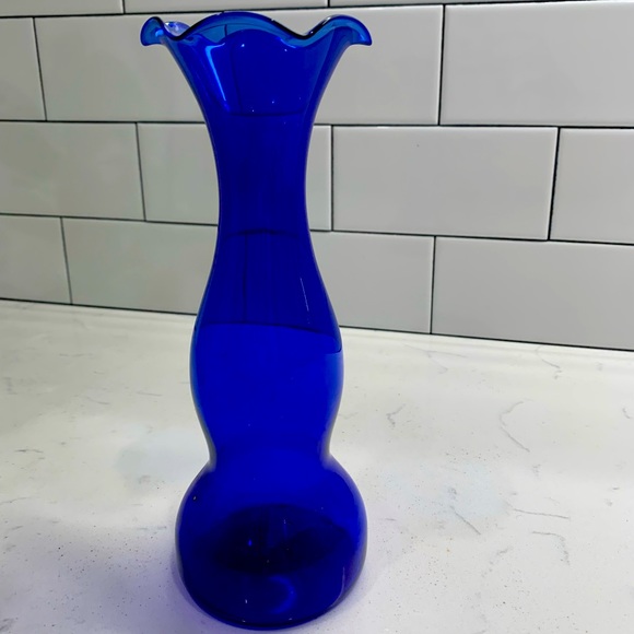 Vintage Cobalt Blue Glass Ruffled Edge Fluted Flower Vase